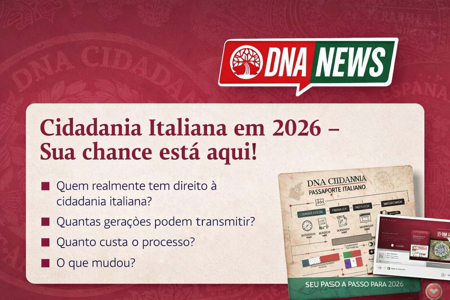 Imagem institucional sobre cidadania italiana e direito de sangue com bandeira da Itália ao fundo