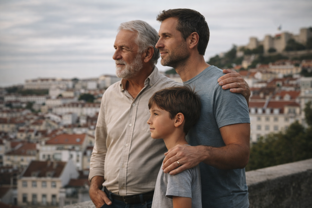 Três gerações da mesma família representando cidadania portuguesa para neto de português