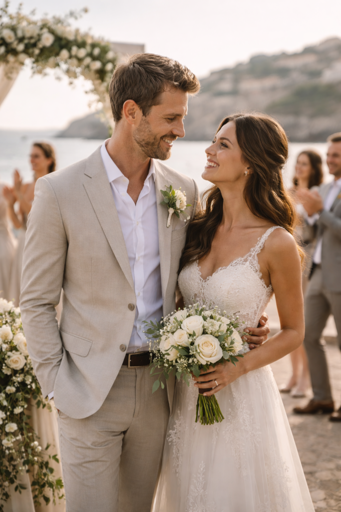 Casal celebrando casamento em Portugal, representando o direito à cidadania portuguesa por vínculo matrimonial.
