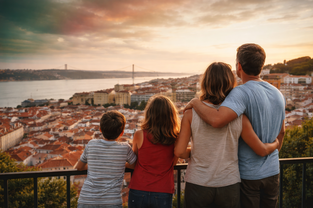 Família observando Lisboa simbolizando quem tem direito à cidadania portuguesa por descendência