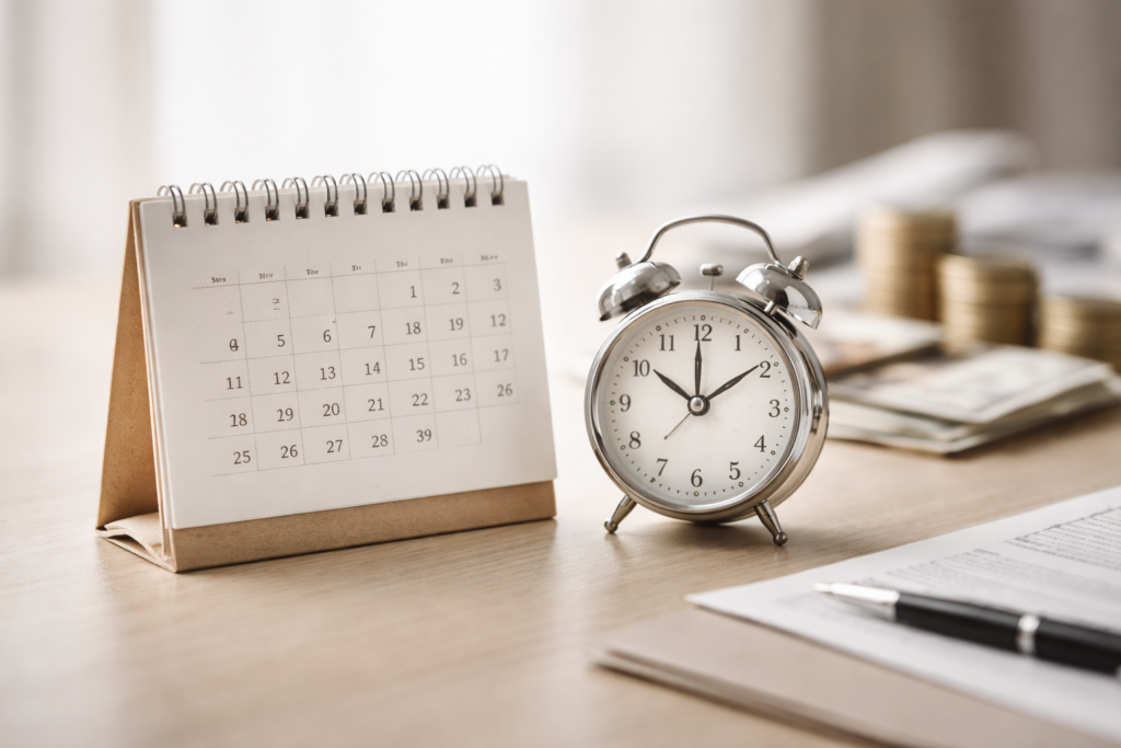 Mesa com calendário e relógio simbolizando tempo e custos do processo de cidadania portuguesa
