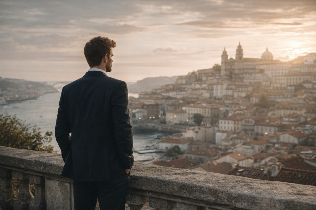 Pessoa observando cidade europeia simbolizando liberdade e estratégia da cidadania portuguesa