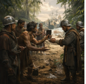 6 cenas históricas (3 em cima e 3 embaixo). Cada uma representa um momento da exploração colonial e do contato entre europeus e povos nativos no Brasil.