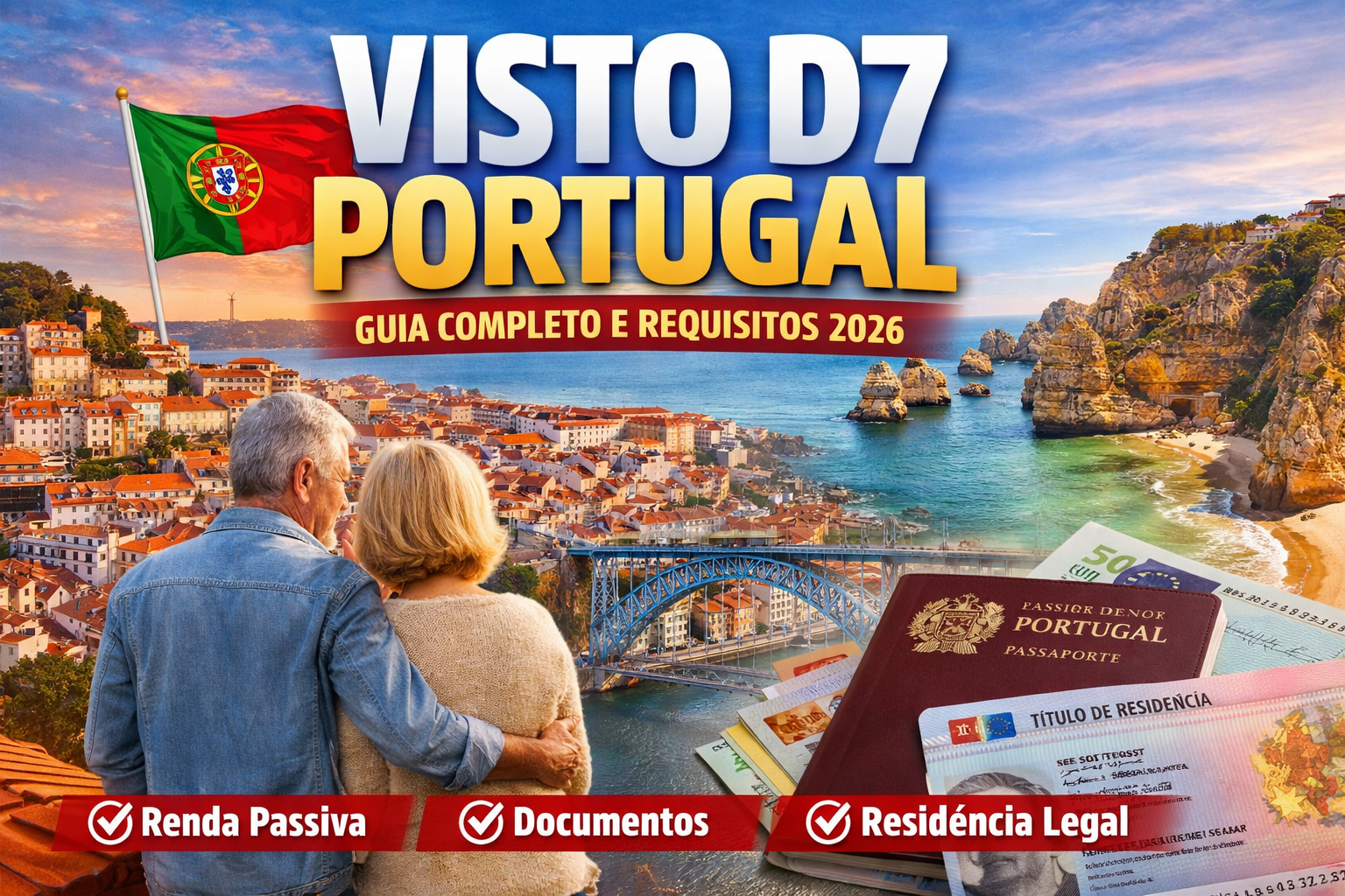 Entenda o Visto D7 para Portugal: requisitos financeiros, documentos, etapas do processo, valores atualizados e caminho até residência