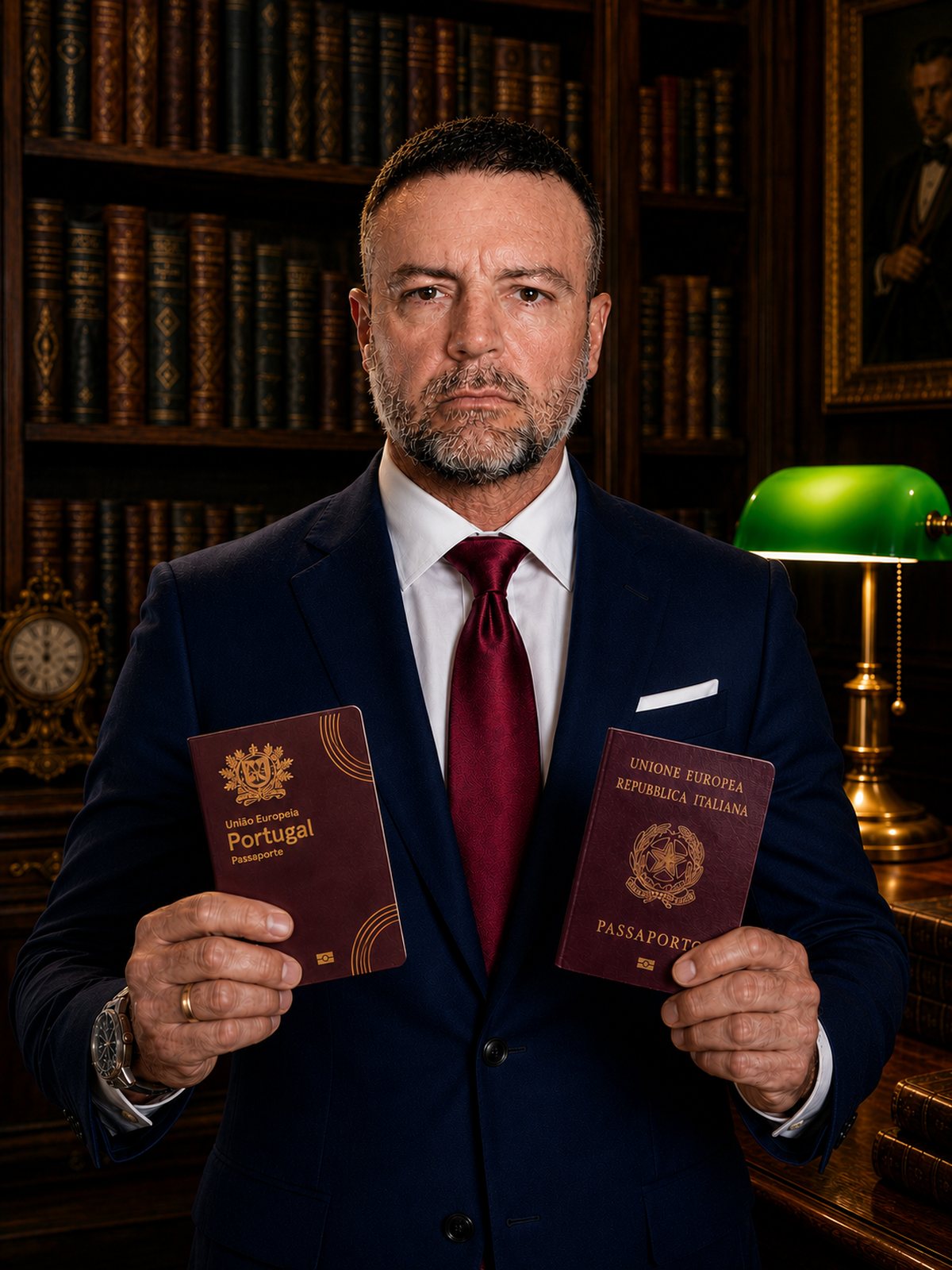Dr. Rodrigo Maricato Lopes, advogado inscrito no Brasil e em Portugal, segurando o passaporte português e o passaporte italiano