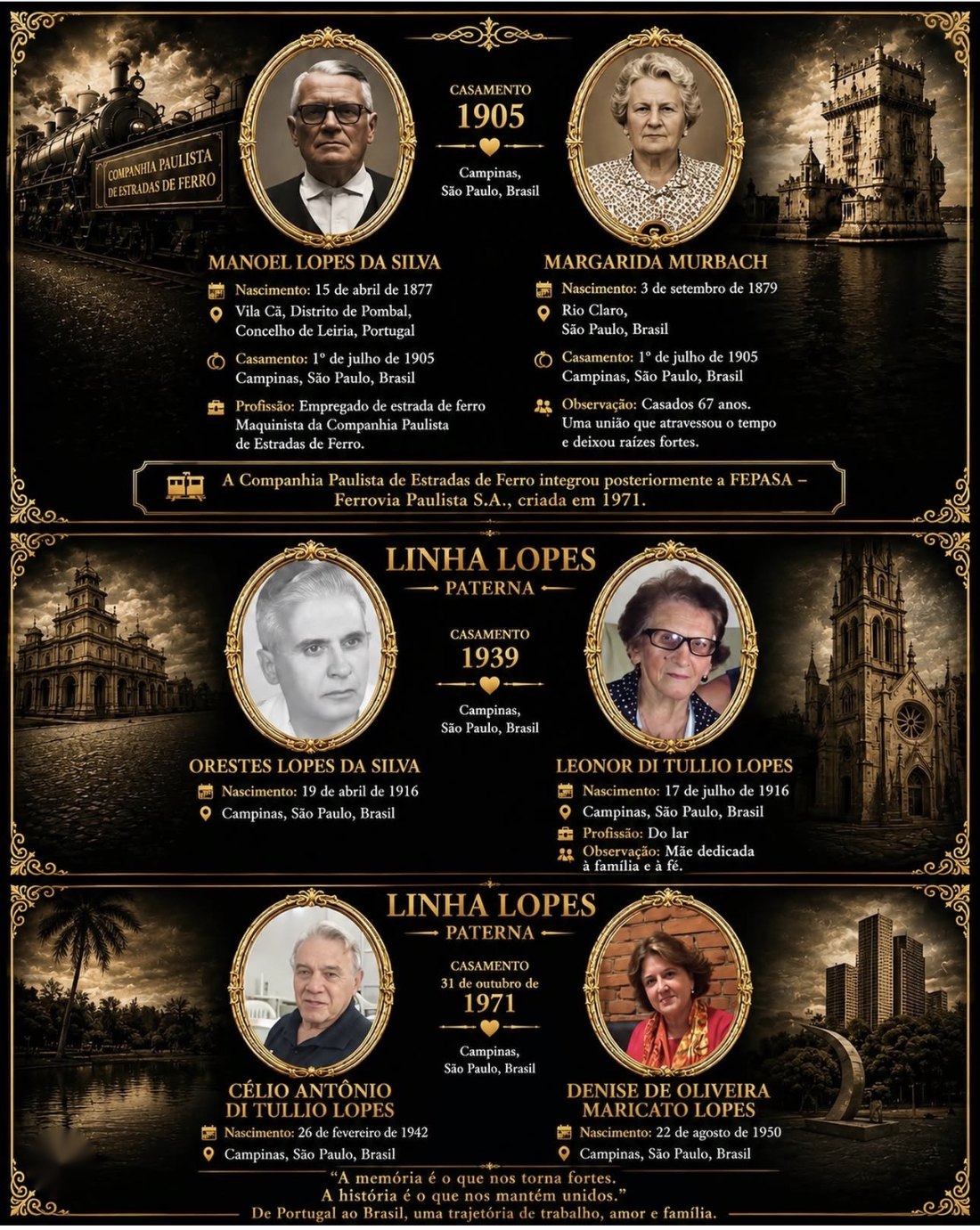 Árvore genealógica da Linha Lopes com as fotos reais da família: Manoel Lopes da Silva, de Vila Cã, Pombal, Portugal, e Margarida Murbach, casados em 1905 em Campinas; Orestes Lopes da Silva e Leonor Di Tullio Lopes, casados em 1939; Célio Antônio Di Tullio Lopes e Denise de Oliveira Maricato Lopes, casados em 1971